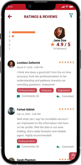 Screenshot of agent reviews and statistics